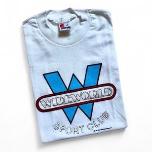 Vintage 1980s WideWorld Sport Club Graphic Tee - White with Blue & Red Logo M